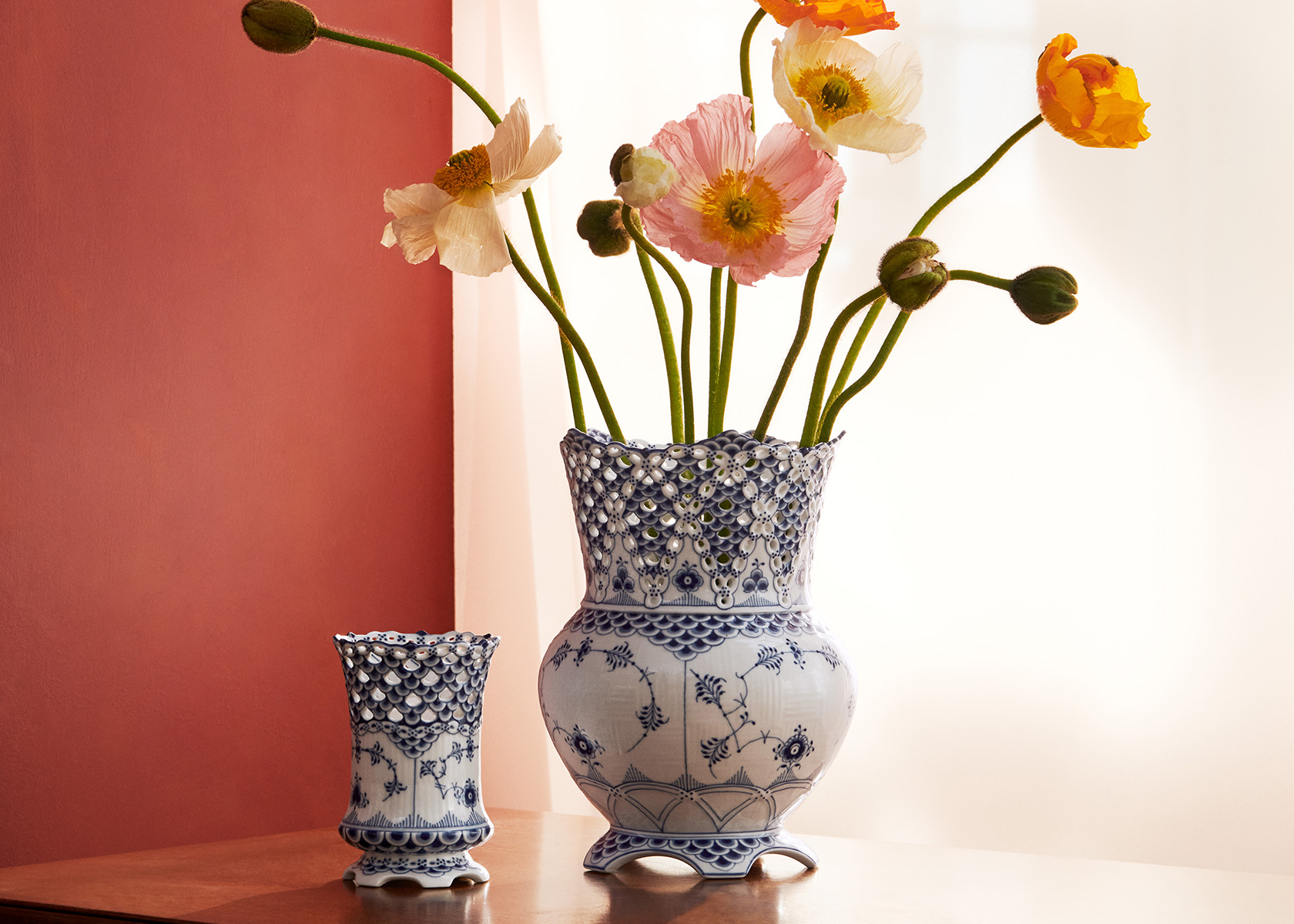 Blue Fluted Full Lace vases a big and a smaller version